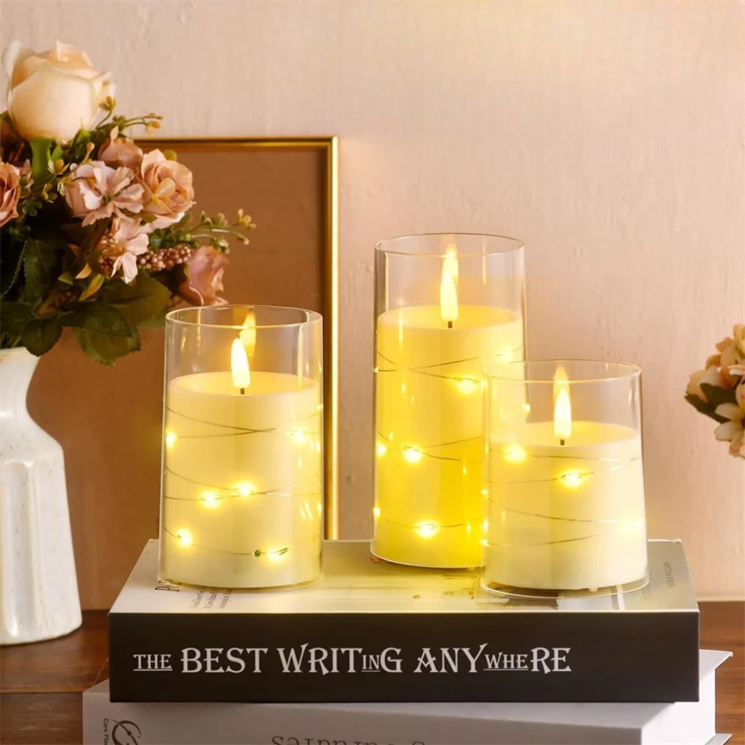 Set van 3 LED glazen kaarsen met lichtdecoratie